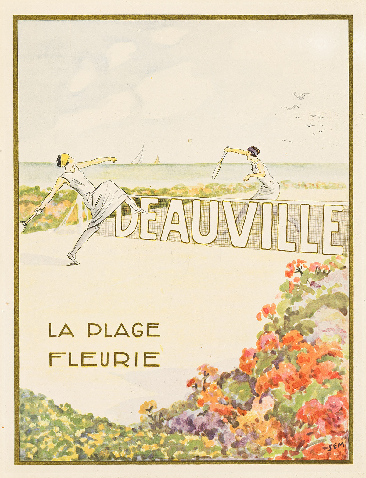 SEM (GEORGES GOURSAT, 1863-1934). DEAUVILLE / LA PLAGE FLEURIE. Menu cover. 1927. 13¾x10 inches, 35x25½ cm.